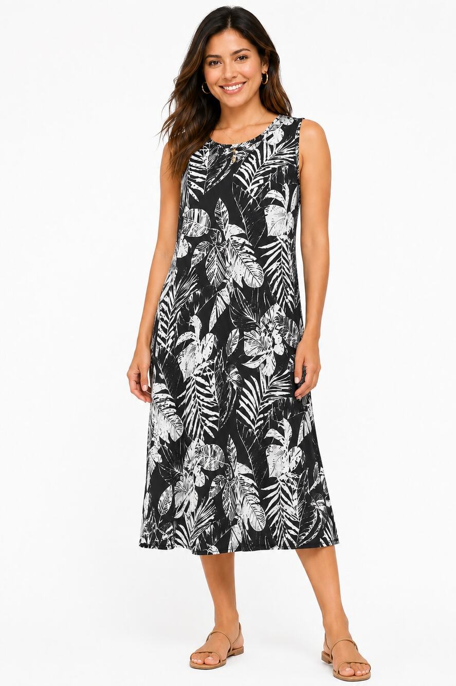 d&co Women's Medium Black White Tropical Leaf Sleeveless Linen Blend Dress